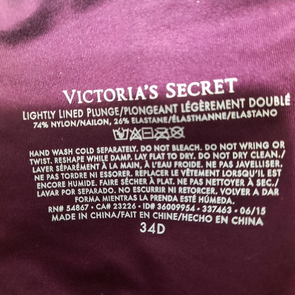 Victoria's Secret Bra 34D Burgundy Wine Lightly Lined Plunge Soft Sexy Underwire - Picture 6 of 6